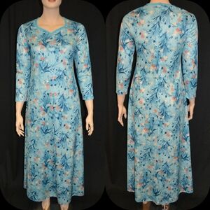Lily Lynn Vintage 60s 70s Young Size Blue Floral Maxi Dress sz 16